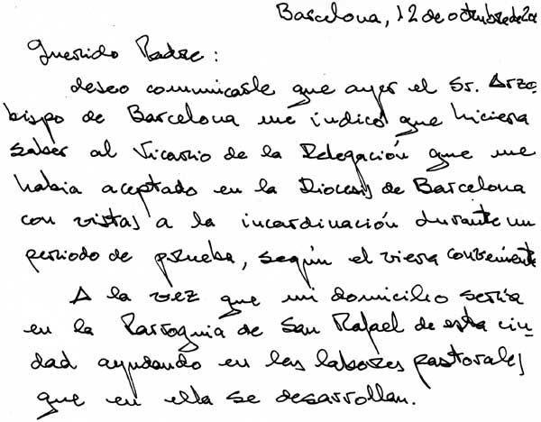 Carta de Antonio Petit a Javier Echevarría