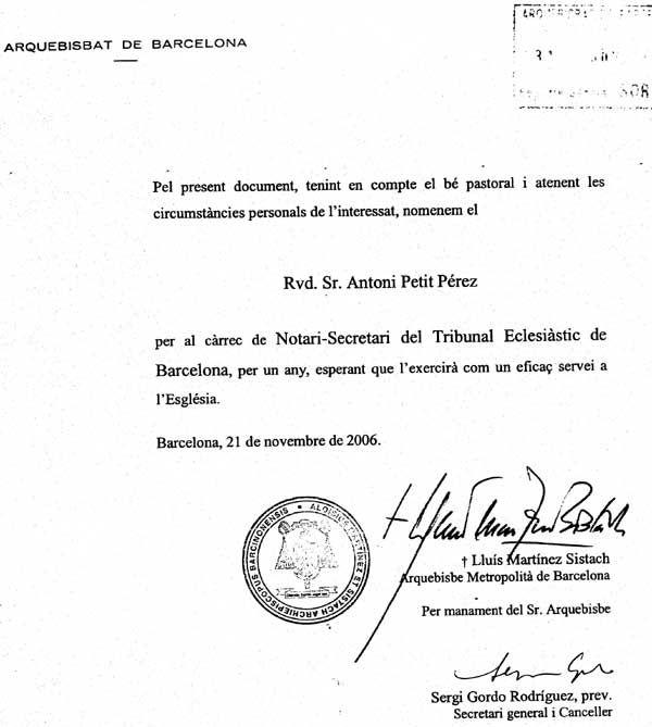 Nombramiento de Antonio Petit como Notario-Secretario del Tribunal Eclesiástico